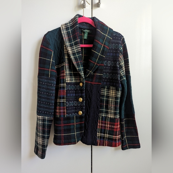 Lauren Ralph Lauren Sweaters - Lauren Ralph Lauren Patchwork Wool Cardigan Gold Buttons Plaid Tartan